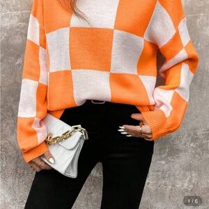 SHEIN Bold Orange and White Checkered Sweater